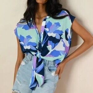 Anthropologie Hutch Tie Front Top Small Floral Print Button Up Cap Sleeve Blouse